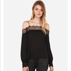EXPRESS Lace Trim Cold Shoulder Top Black